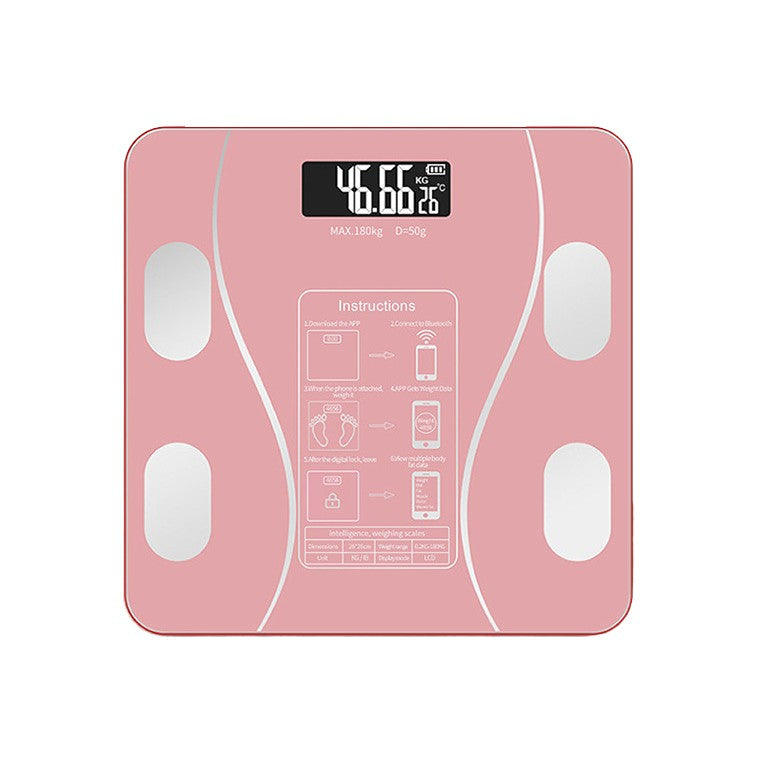 Cantar Electronic Inteligent De Baie Klevo Cu Aplicatie Smart, Corporal, Ecran Digital Iluminat, Termometru, Suporta Maxim 180 Kg, 26 x 26 cm, Baterii, Roz