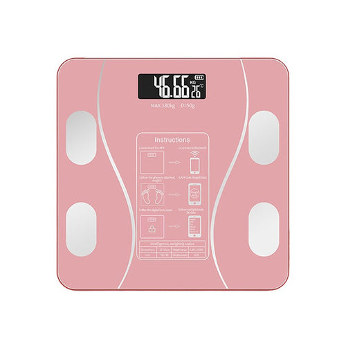 Cantar Electronic Inteligent De Baie Klevo Cu Aplicatie Smart, Corporal, Ecran Digital Iluminat, Termometru, Suporta Maxim 180 Kg, 26 x 26 cm, Baterii, Roz
