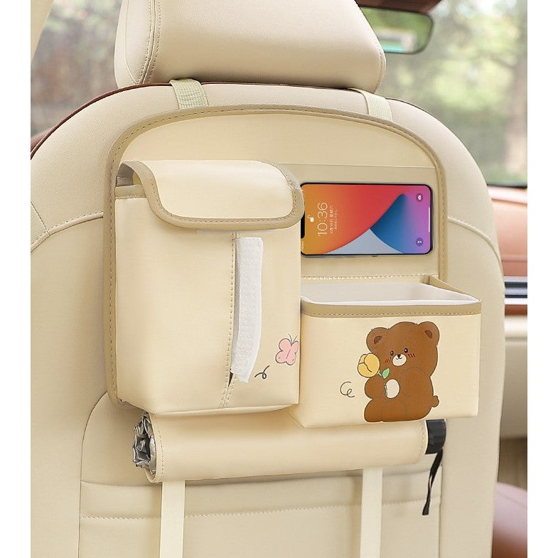 Geanta Multifunctionala de Depozitare, Klevo, pentru Bancheta din Spate a Masinii, Animat, Model Ursuleti, Scris Good Day, Suport Servetele si Telefon, 25x31 cm, Bej