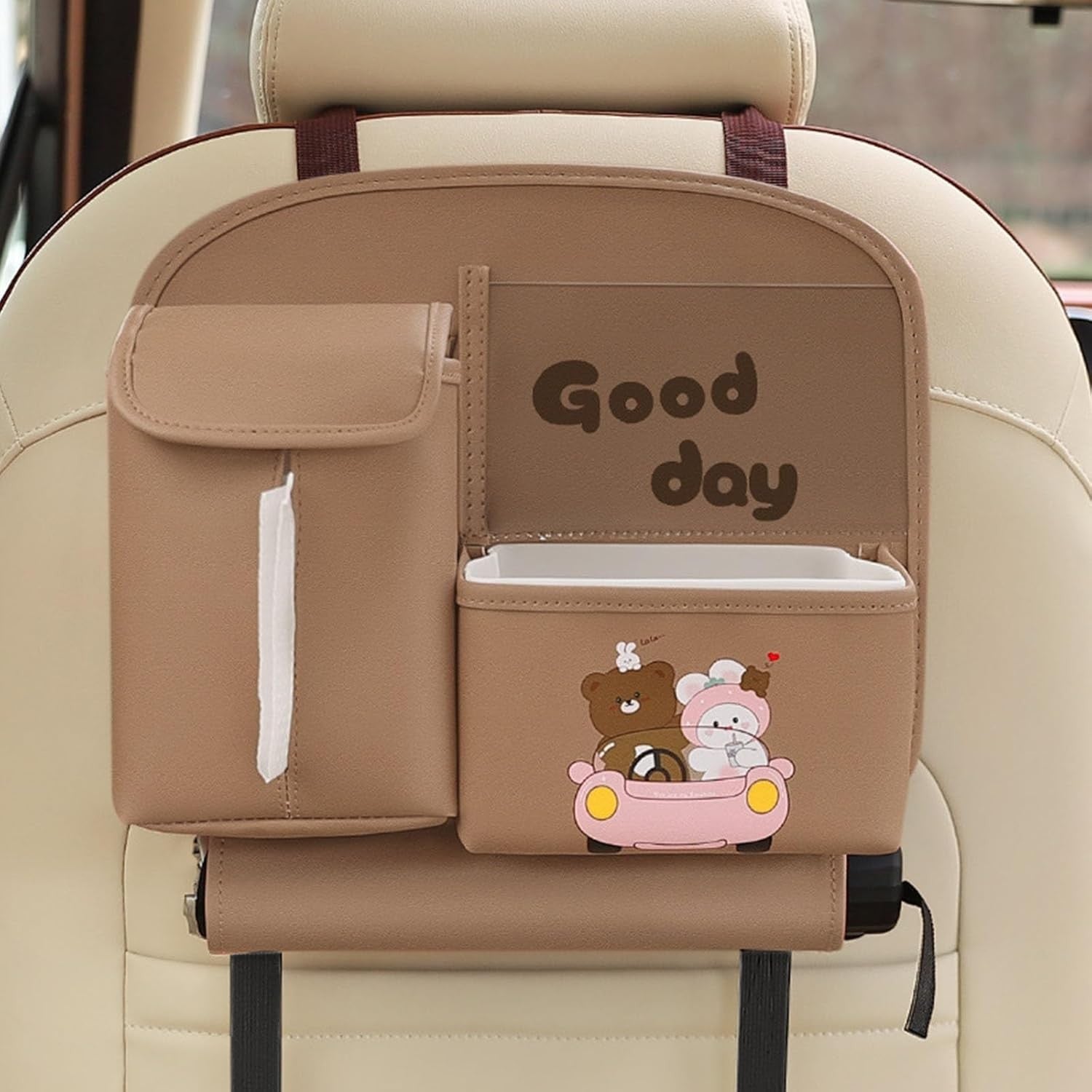 Geanta Multifunctionala de Depozitare, Klevo, pentru Bancheta din Spate a Masinii, Animat, Model Ursuleti, Scris Good Day, Suport Servetele si Telefon, 25x31 cm, Maro