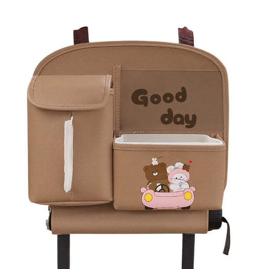 Geanta Multifunctionala de Depozitare, Klevo, pentru Bancheta din Spate a Masinii, Animat, Model Ursuleti, Scris Good Day, Suport Servetele si Telefon, 25x31 cm, Maro