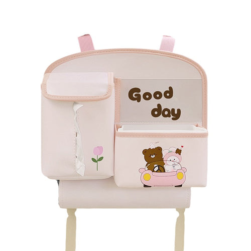 Geanta Multifunctionala de Depozitare, Klevo, pentru Bancheta din Spate a Masinii, Animat, Model Ursuleti, Scris Good Day, Suport Servetele si Telefon, 25x31 cm, Roz