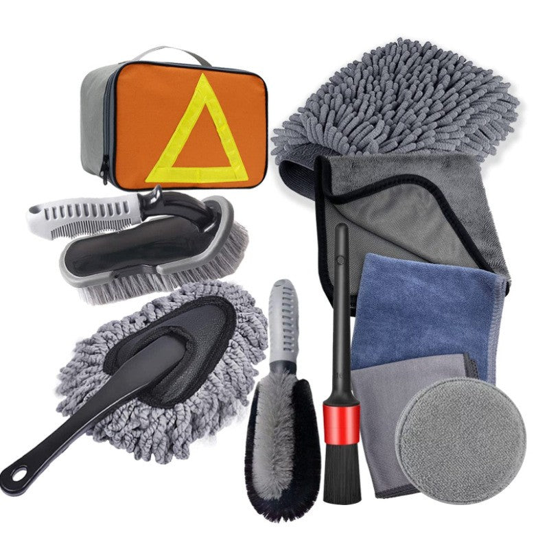 Set 10 Piese pentru Spalat Auto, Klevo, din Plastic si Microfibra, Perii si Lavete, Model C, Gri