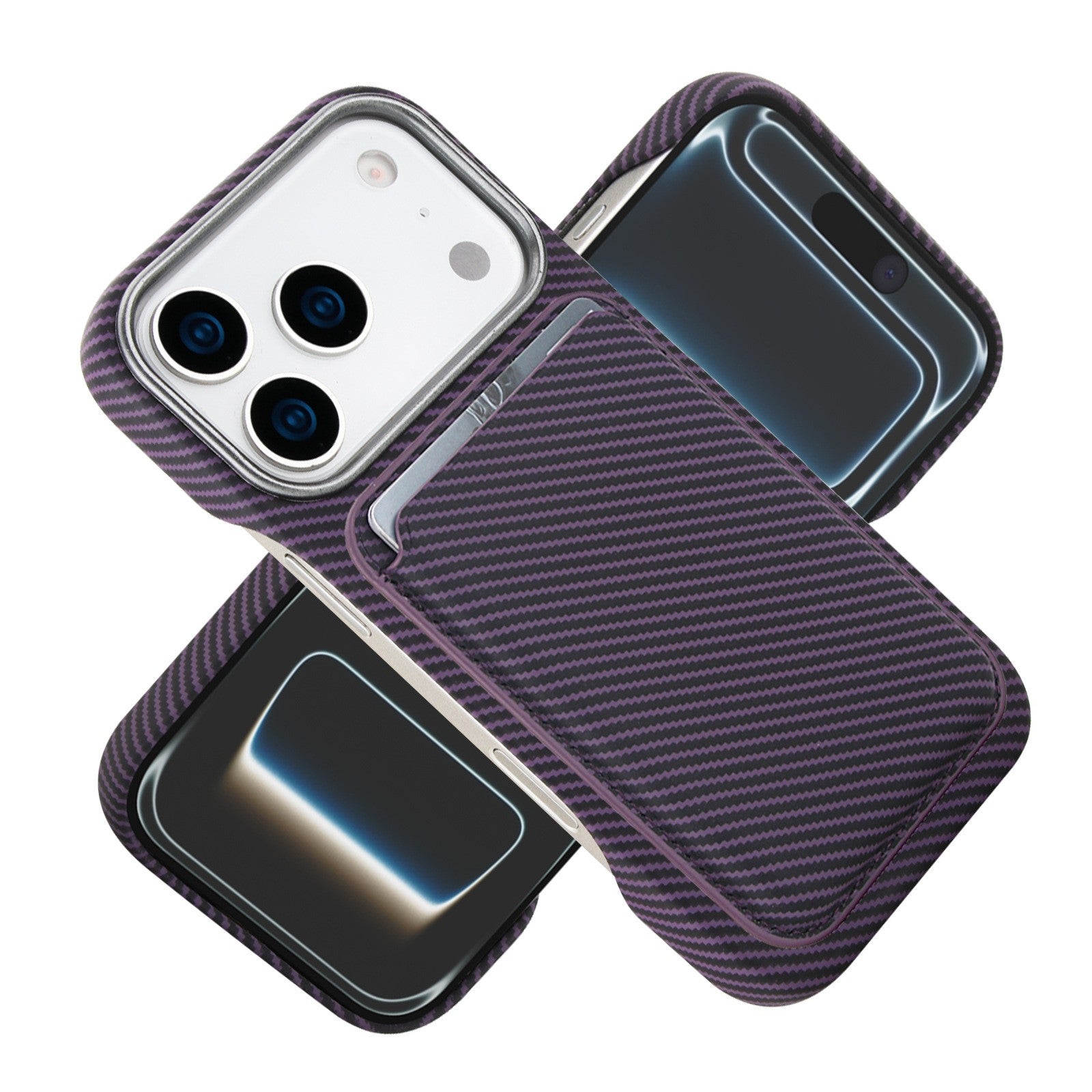 Husa MagSafe pentru iPhone 17, Klevo, Suport Card Detasabil, Carcasa pentru Telefon, Textura Fibra de Carbon, Business Style, Mov