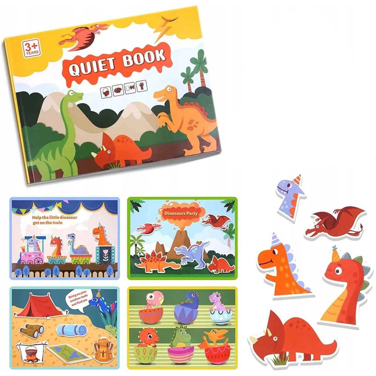 Carte Educativa cu Stickere Reutilizabile, Klevo, Quiet Book Senzoriala cu Pagini Interactive , Joc Montessori, Seria ''Dinozaur'', Dezvolta Motricitatea Fina si Logica, Quiet Book pentru Invatare Timpurie, 3 ani, Multicolor