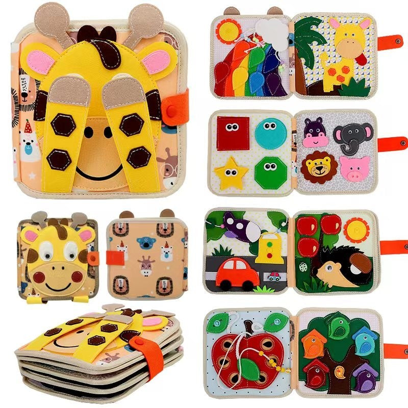 Carte Senzoriala Educativa Montessori 7in1, Klevo, Dezvoltare Abilitati Motorii, 8 Pagini, 3D, cu Elemente Detasabile, Model Girafa, 21x21x8 cm, Maro