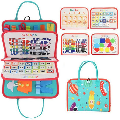 Carte Senzoriala Educativa Montessori, Klevo, cu Activitati, Dezvoltare Abilitati Motorii, 4 Pagini, Model Spatiu Cosmic, 28x22x7 cm, Albastru