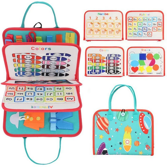 Carte Senzoriala Educativa Montessori, Klevo, cu Activitati, Dezvoltare Abilitati Motorii, 4 Pagini, Model Spatiu Cosmic, 28x22x7 cm, Albastru