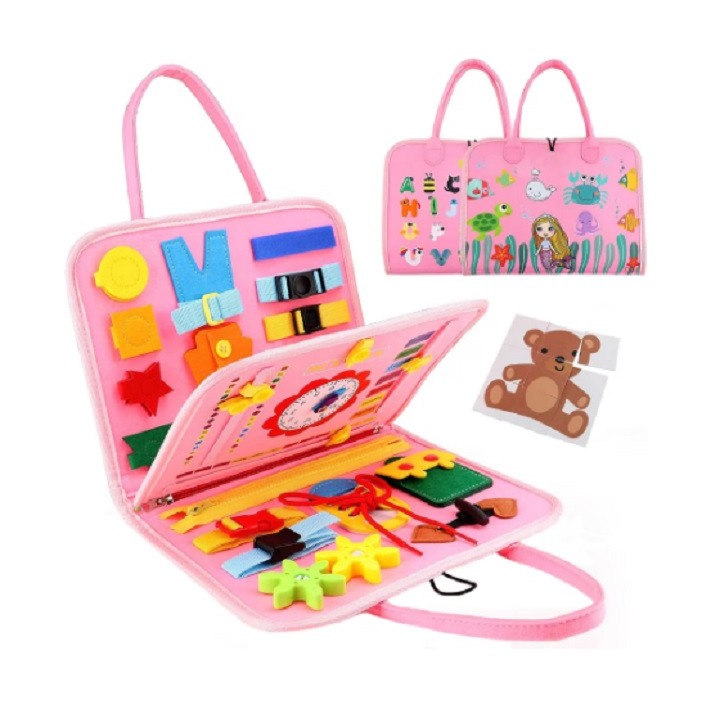 Carte Senzoriala Educativa Montessori, Klevo, Dezvoltare Abilitati Motorii, 3 Pagini, Model Sirena si Alfabet, 28x25x4 cm, Roz