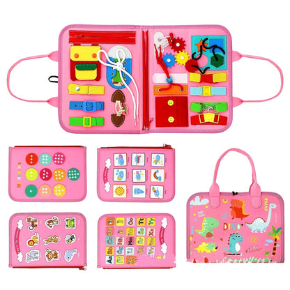 Carte Senzoriala Educativa Montessori 7in1, Klevo, 26 de Activitati, Dezvoltare Abilitati Motorii, 4 Pagini, Model Dinozauri, 28x22x7 cm, Roz