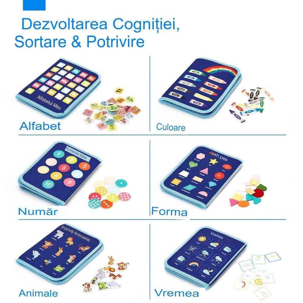 Carte Senzoriala Educativa Montessori, Klevo, Dezvoltare Abilitati Motorii, 5 Pagini, Model Dinozauri, 28x22x7 cm, Albastru