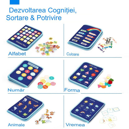 Carte Senzoriala Educativa Montessori, Klevo, Dezvoltare Abilitati Motorii, 5 Pagini, Model Dinozauri, 28x22x7 cm, Albastru