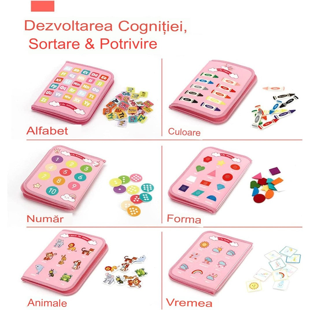 Carte Senzoriala Educativa Montessori, Klevo, Dezvoltare Abilitati Motorii, 5 Pagini, Model Unicorni, 28x22x7 cm, Roz