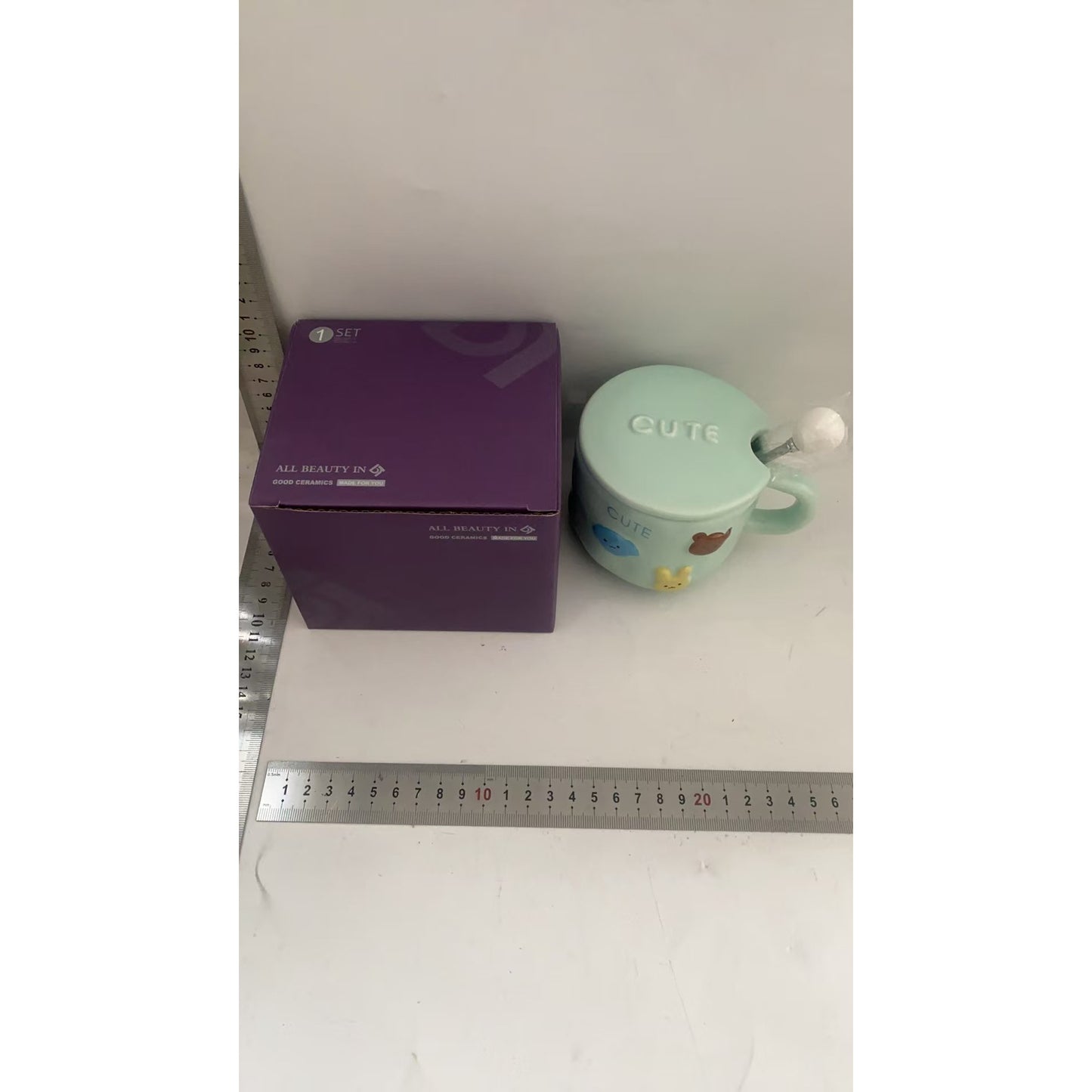 Cana ceramica, Klevo, din Portelan, print Figurine Animalute, Cana penru Copii, Model CUTE, Cana cu Lingura si Capac, Ceasca pentru Cafea, Ceai, 400ml Albastru