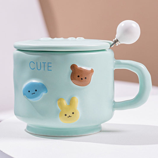 Cana ceramica, Klevo, din Portelan, print Figurine Animalute, Cana penru Copii, Model CUTE, Cana cu Lingura si Capac, Ceasca pentru Cafea, Ceai, 400ml Albastru