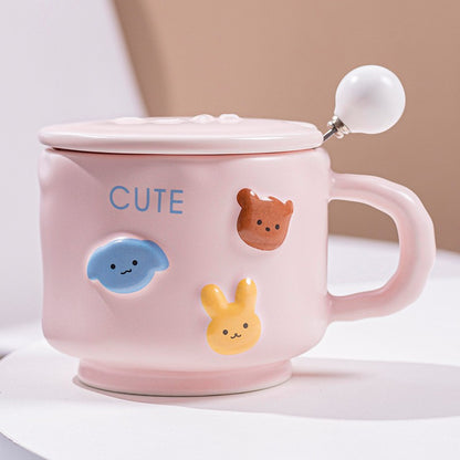 Cana ceramica, Klevo, din Portelan, print Figurine Animalute, Cana penru Copii, Model CUTE, Cana cu Lingura si Capac, Ceasca pentru Cafea, Ceai, 400ml Roz