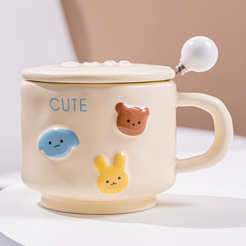 Cana ceramica, Klevo, din Portelan, print Figurine Animalute, Cana penru Copii, Model CUTE, Cana cu Lingura si Capac, Ceasca pentru Cafea, Ceai, 400ml Galben