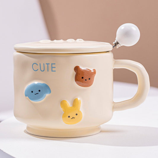 Cana ceramica, Klevo, din Portelan, print Figurine Animalute, Cana penru Copii, Model CUTE, Cana cu Lingura si Capac, Ceasca pentru Cafea, Ceai, 400ml Galben