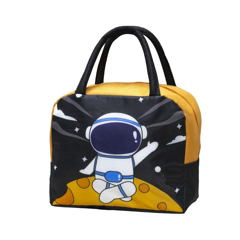 Geanta Termoizolanta pentru Copii, Klevo, 23x13x19 cm, Model Imprimeu Astronaut, din Folie de Aluminiu si Panza Oxford, Negru/Portocaliu