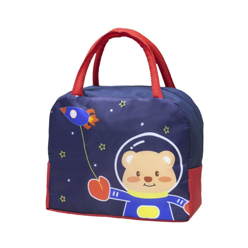 Geanta Termoizolanta pentru Copii, Klevo, 23x13x19 cm, Model Imprimeu Ursulet Astronaut, din Folie de Aluminiu si Panza Oxford, Albastru/Rosu