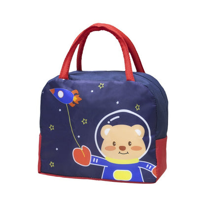 Geanta Termoizolanta pentru Copii, Klevo, 23x13x19 cm, Model Imprimeu Ursulet Astronaut, din Folie de Aluminiu si Panza Oxford, Albastru/Rosu