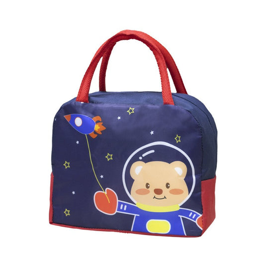 Geanta Termoizolanta pentru Copii, Klevo, 23x13x19 cm, Model Imprimeu Ursulet Astronaut, din Folie de Aluminiu si Panza Oxford, Albastru/Rosu