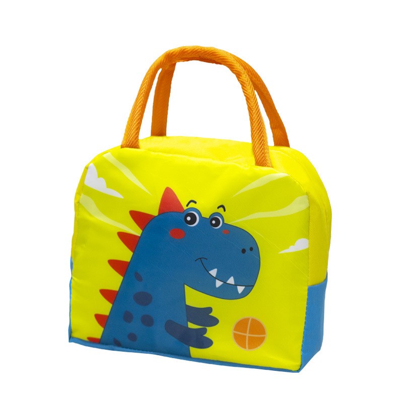 Geanta Termoizolanta pentru Copii, Klevo, 23x13x19 cm, Model Imprimeu Dinozaur, din Folie de Aluminiu si Panza Oxford, Albastru/Galben