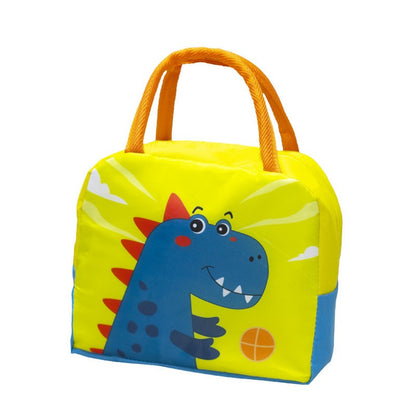 Geanta Termoizolanta pentru Copii, Klevo, 23x13x19 cm, Model Imprimeu Dinozaur, din Folie de Aluminiu si Panza Oxford, Albastru/Galben