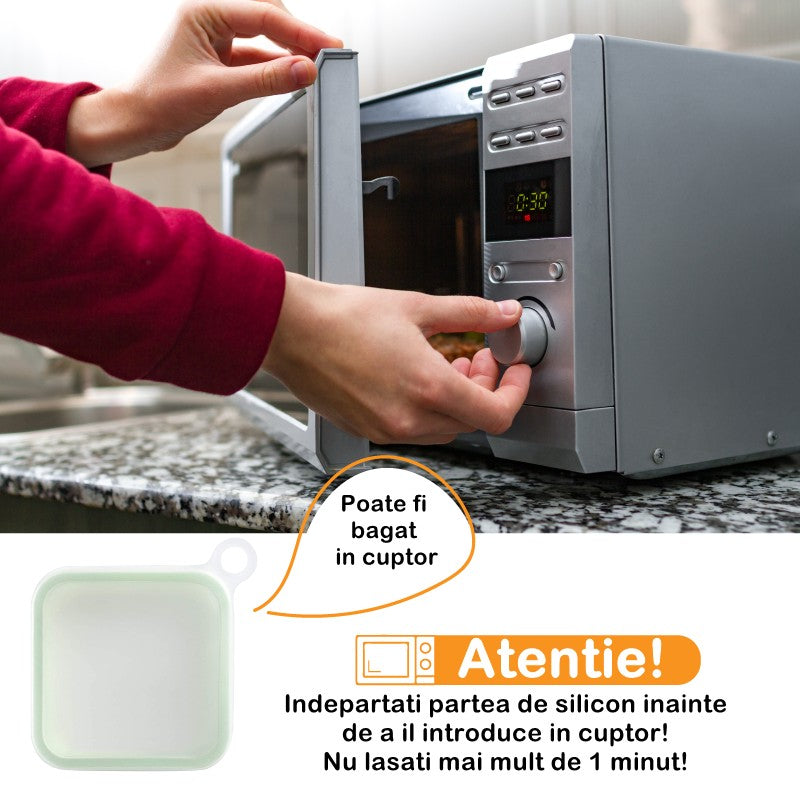 Caserola pentru sandwich Klevo, din silicon si polipropilena, portabil, usor de curatat, capac anti-scurgere, reutilizabil, 15.5 x 15.5 x 2.5 cm, verde