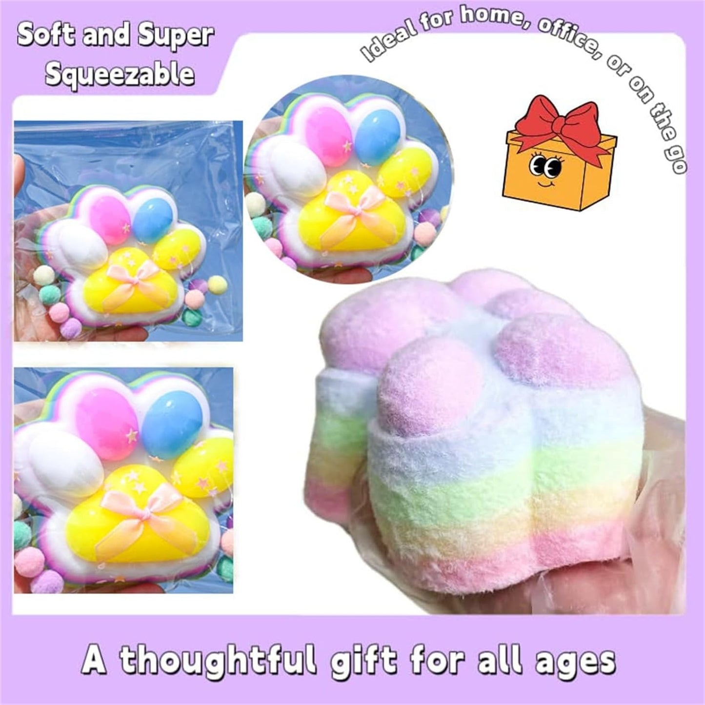 Jucarie Antistres Squishy, Klevo, cu Revenire Lenta, Model Labuta de Pisica Pufoasa, 12.5x10.5 cm, 220g, Squeeze Pinch Family, Ambalaj Transparent, Roz Curcubeu