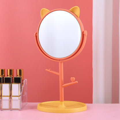 Oglina Cosmetica cu Picior, Klevo, HD, Rotire 360 Grade, 15 cm Diametru, Suport Bijuterii Baza Rotunda + 2 Brate, Model cu Urechi, 31 x 14.5 x 15 cm, din Plastic, Portocaliu/Galben