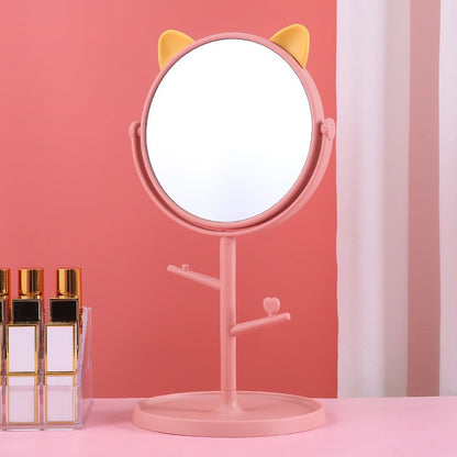 Oglina Cosmetica cu Picior, Klevo, HD, Rotire 360 Grade, 15 cm Diametru, Suport Bijuterii Baza Rotunda + 2 Brate, Model cu Urechi, 31 x 14.5 x 15 cm, din Plastic, Roz/Galben