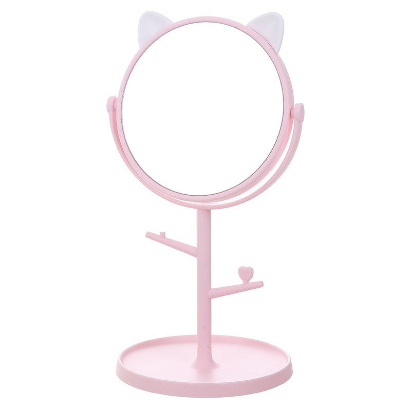 Oglina Cosmetica cu Picior, Klevo, HD, Rotire 360 Grade, 15 cm Diametru, Suport Bijuterii Baza Rotunda + 2 Brate, Model cu Urechi, 31 x 14.5 x 15 cm, din Plastic, Roz/Alb