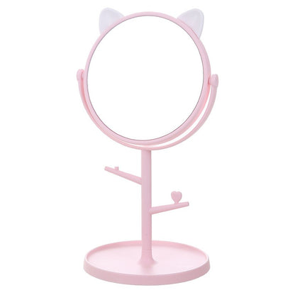 Oglina Cosmetica cu Picior, Klevo, HD, Rotire 360 Grade, 15 cm Diametru, Suport Bijuterii Baza Rotunda + 2 Brate, Model cu Urechi, 31 x 14.5 x 15 cm, din Plastic, Roz/Alb