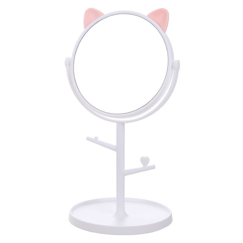 Oglina Cosmetica cu Picior, Klevo, HD, Rotire 360 Grade, 15 cm Diametru, Suport Bijuterii Baza Rotunda + 2 Brate, Model cu Urechi, 31 x 14.5 x 15 cm, din Plastic, Alb