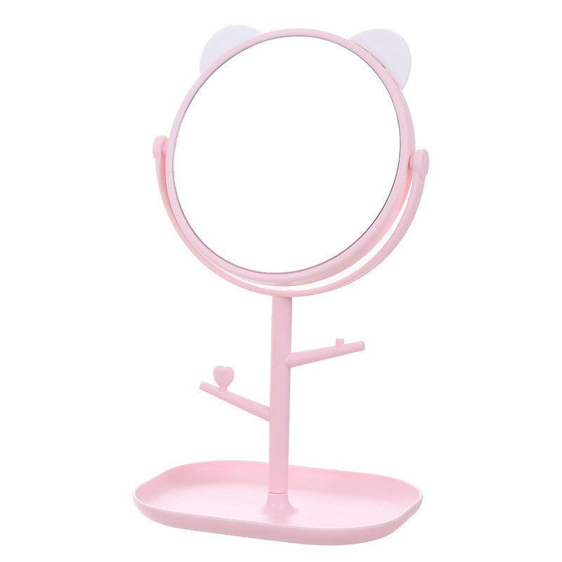 Oglina Cosmetica cu Picior, Klevo, HD, Rotire 360 Grade, 15 cm Diametru, Suport Bijuterii Baza + Brate, Model cu Urechi, 30 x 16.5 x 15 cm, Roz