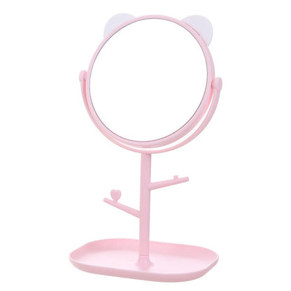 Oglina Cosmetica cu Picior, Klevo, HD, Rotire 360 Grade, 15 cm Diametru, Suport Bijuterii Baza + Brate, Model cu Urechi, 30 x 16.5 x 15 cm, Roz