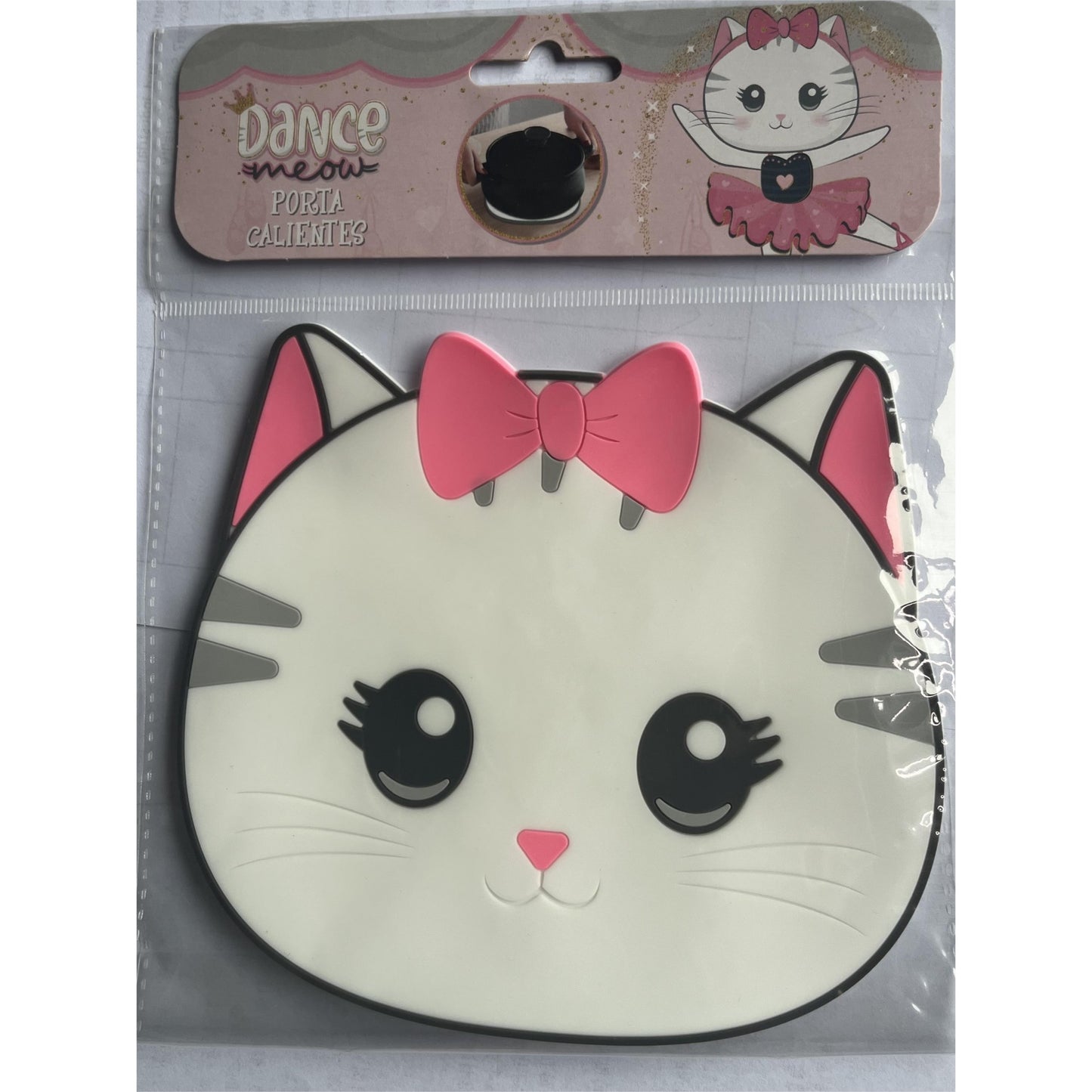 Suport pentru Pahar, Klevo, Model Pisicuta, din PVC, 15.5 x 15.5 cm, Rezistent la Caldura, Alb/Roz