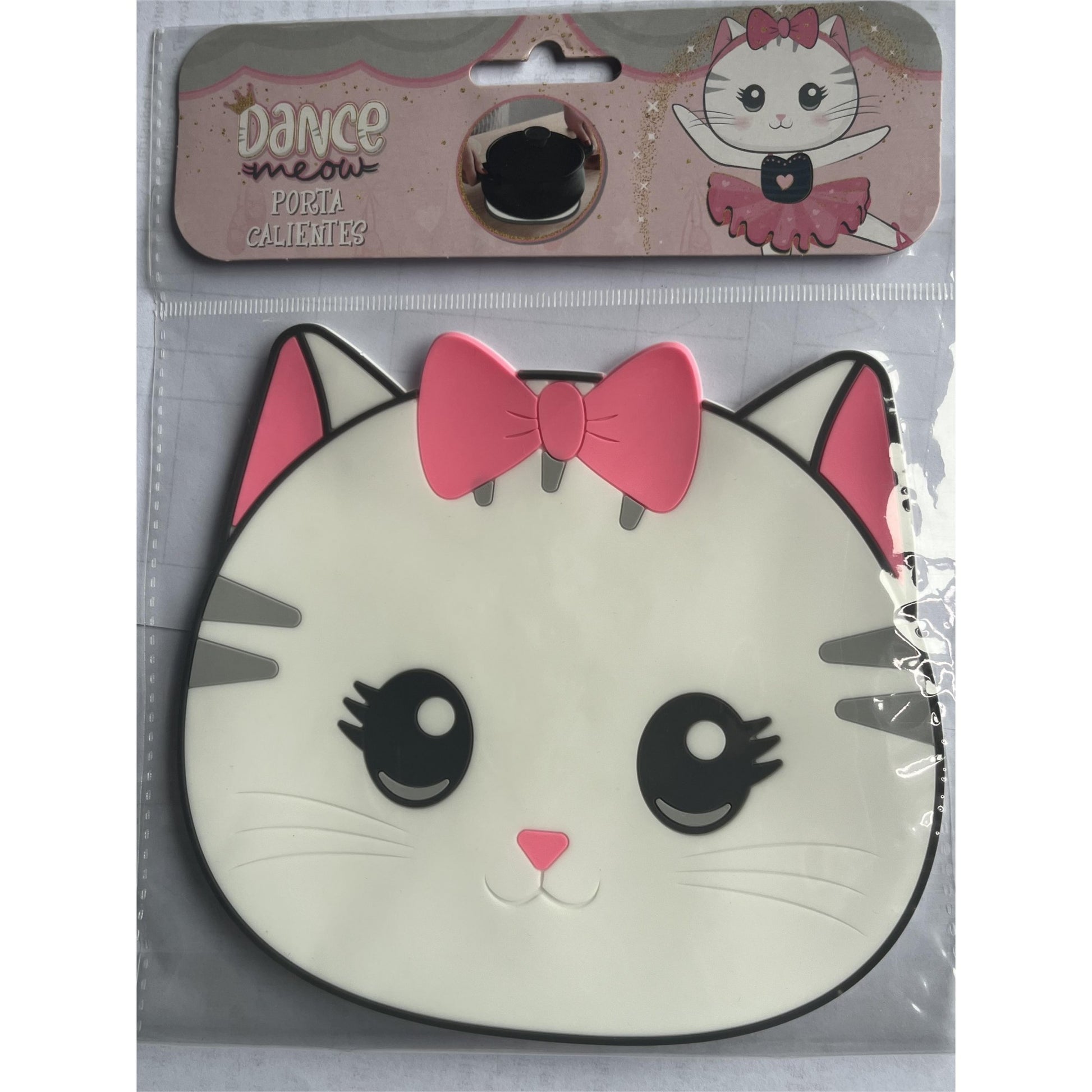 Suport pentru Pahar, Klevo, Model Pisicuta, din PVC, 15.5 x 15.5 cm, Rezistent la Caldura, Alb/Roz