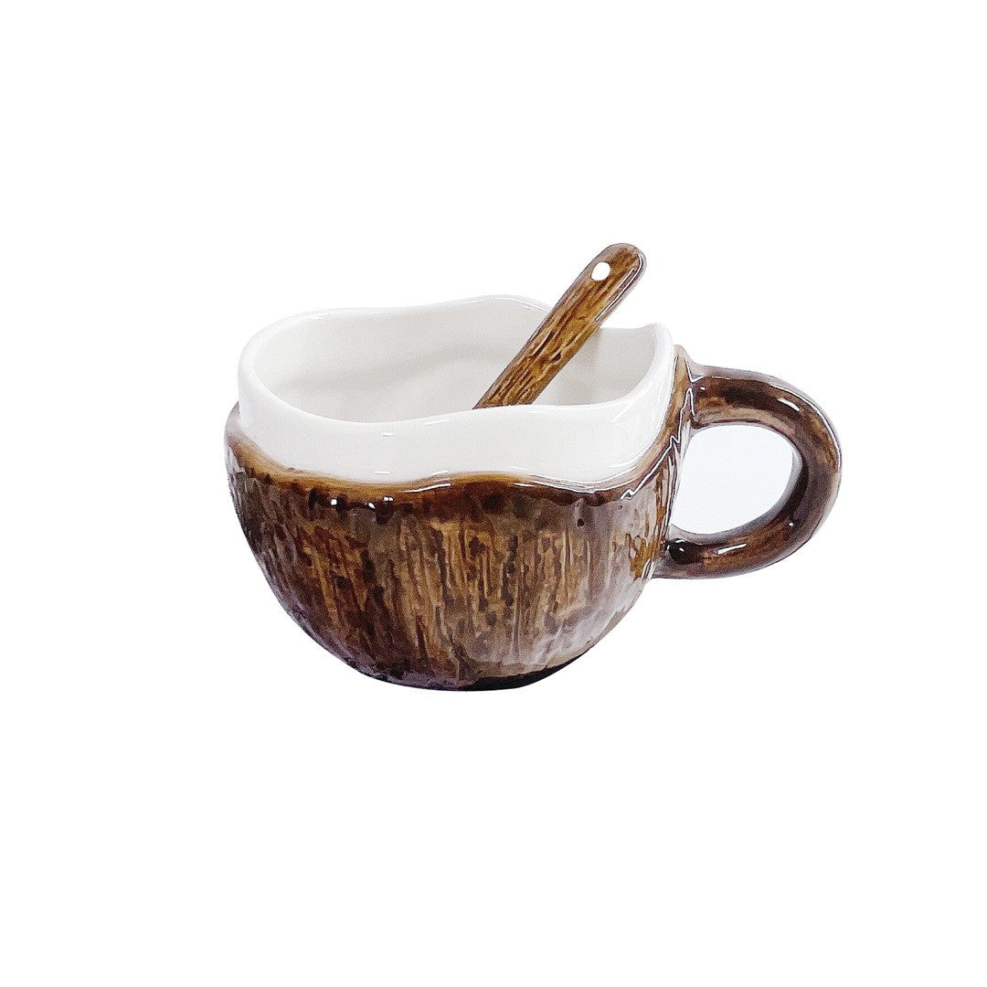 Cana din Ceramica, Klevo, 201-300 ml, cu Lingurita, Model Nuca de Cocos, Maro