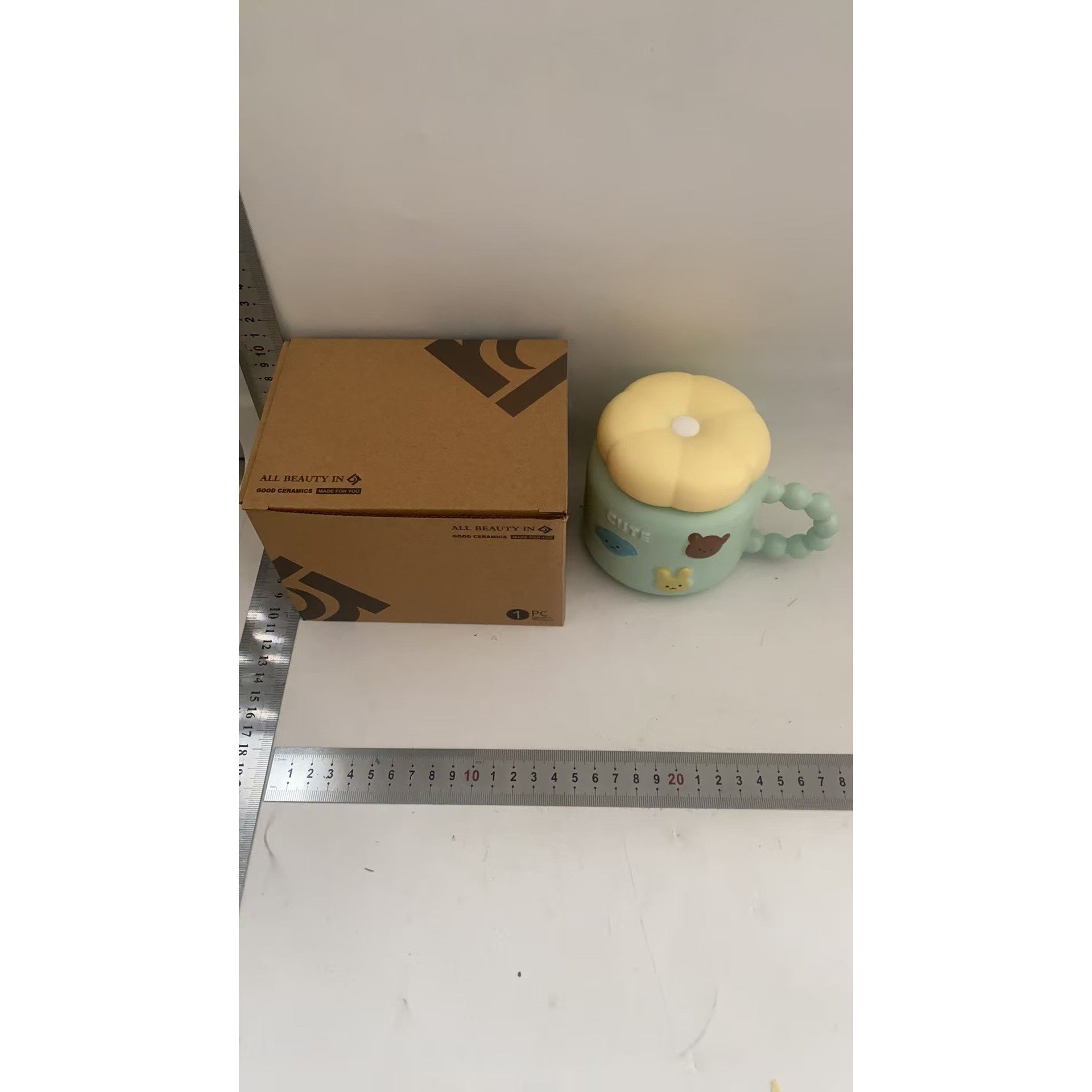 Cana pentru Copii, Klevo, din Portelan, print Figurine Animalute, Model CUTE, Cana cu Capac, Ceasca pentru Cafea, Ceai, 400ml Albastru deschis