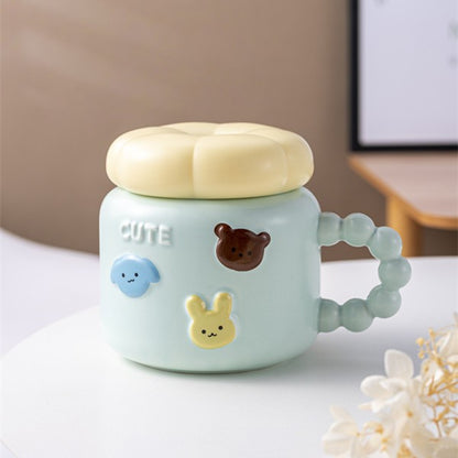 Cana pentru Copii, Klevo, din Portelan, print Figurine Animalute, Model CUTE, Cana cu Capac, Ceasca pentru Cafea, Ceai, 400ml Albastru deschis