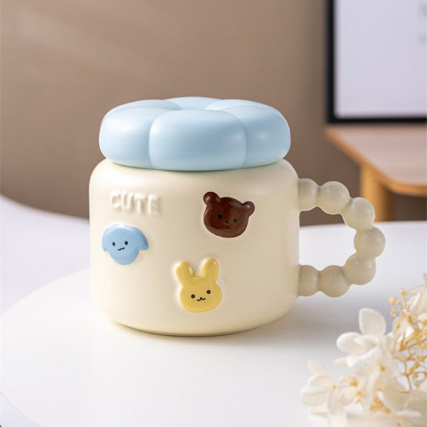 Cana pentru Copii, Klevo, din Portelan, print Figurine Animalute, Model CUTE, Cana cu Capac, Ceasca pentru Cafea, Ceai, 400ml Galben deschis