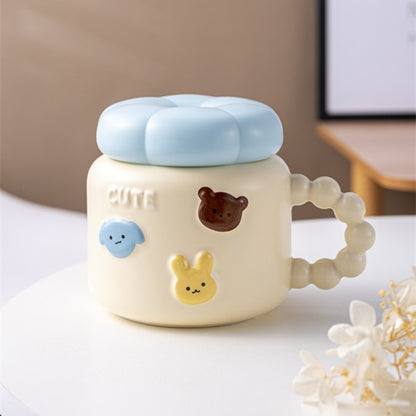 Cana pentru Copii, Klevo, din Portelan, print Figurine Animalute, Model CUTE, Cana cu Capac, Ceasca pentru Cafea, Ceai, 400ml Galben deschis