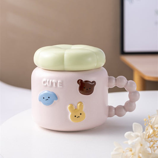 Cana pentru Copii, Klevo, din Portelan, print Figurine Animalute, Model CUTE, Cana cu Capac, Ceasca pentru Cafea, Ceai, 400ml Roz