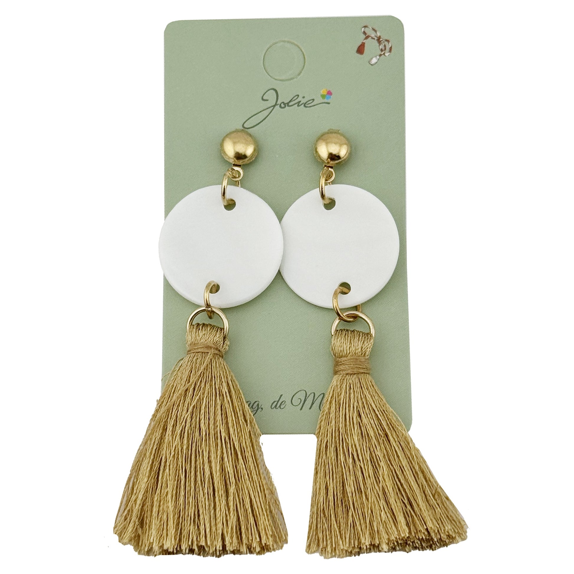 Cercei Dama de Primavara, Jolie, Model cu Ciucuri Aurii si Disc Alb, Eleganti si Moderni, 7 x 2 cm per unitate, Alb/Auriu