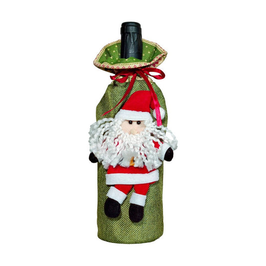 Decoratiune pentru Sticla de Vin, Klevo, Tema Craciun, Model Mos Craciun, 14 x 29 cm, Verde