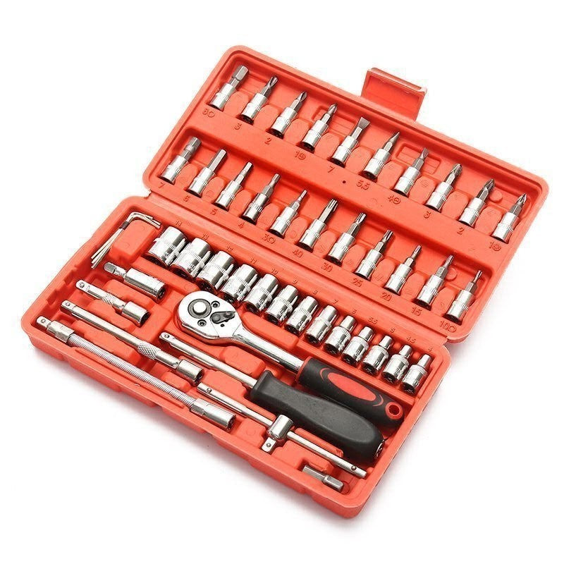 Chei tubulare Set 46 de Piese, Klevo, Trusa Scule de Reparatii Auto, Prelungitoare Rigid si Flexibil, Articulatie Cardanica, Antrenor de Forta Glisant, Adaptoare, Maner pentru Surubelnita, 23 x 12 x 4 cm, 1.9 kg, Cutie Rosie