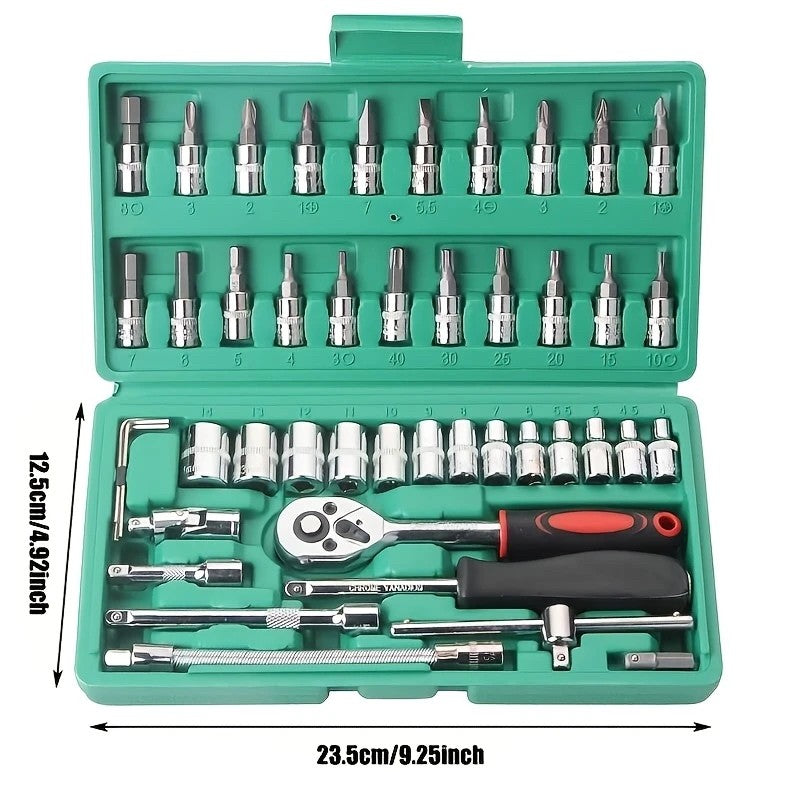 Chei tubulare Set 46 de Piese, Klevo, Trusa Scule de Reparatii Auto, Prelungitoare Rigid si Flexibil, Articulatie Cardanica, Antrenor de Forta Glisant, Adaptoare, Maner pentru Surubelnita, 23 x 12 x 4 cm, 1.9 kg, Cutie Verde