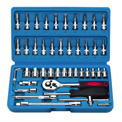 Chei tubulare Set 46 de Piese, Klevo, Trusa Scule de Reparatii Auto, Prelungitoare Rigid si Flexibil, Articulatie Cardanica, Antrenor de Forta Glisant, Adaptoare, Maner pentru Surubelnita, 23 x 12 x 4 cm, 1.9 kg, Cutie Albastra